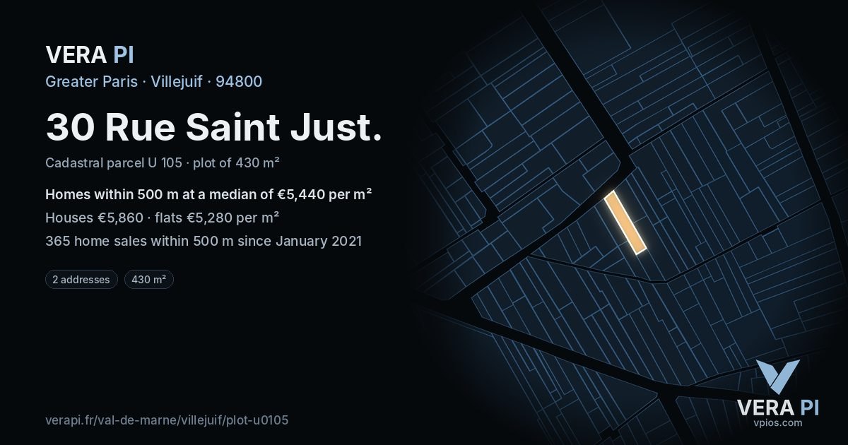 30 Rue Saint Just, Villejuif at night – the plot lit, the parcels around coloured by the prices near them