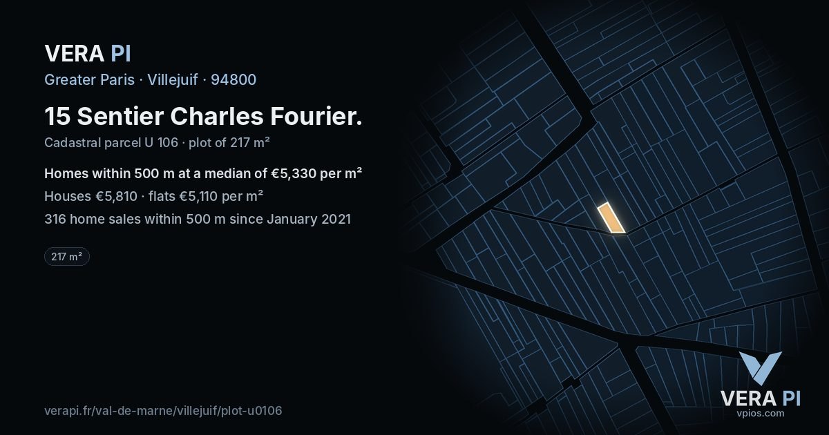 15 Sentier Charles Fourier, Villejuif at night – the plot lit, the parcels around coloured by the prices near them