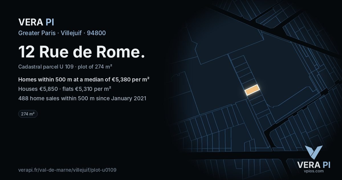 12 Rue de Rome, Villejuif at night – the plot lit, the parcels around coloured by the prices near them