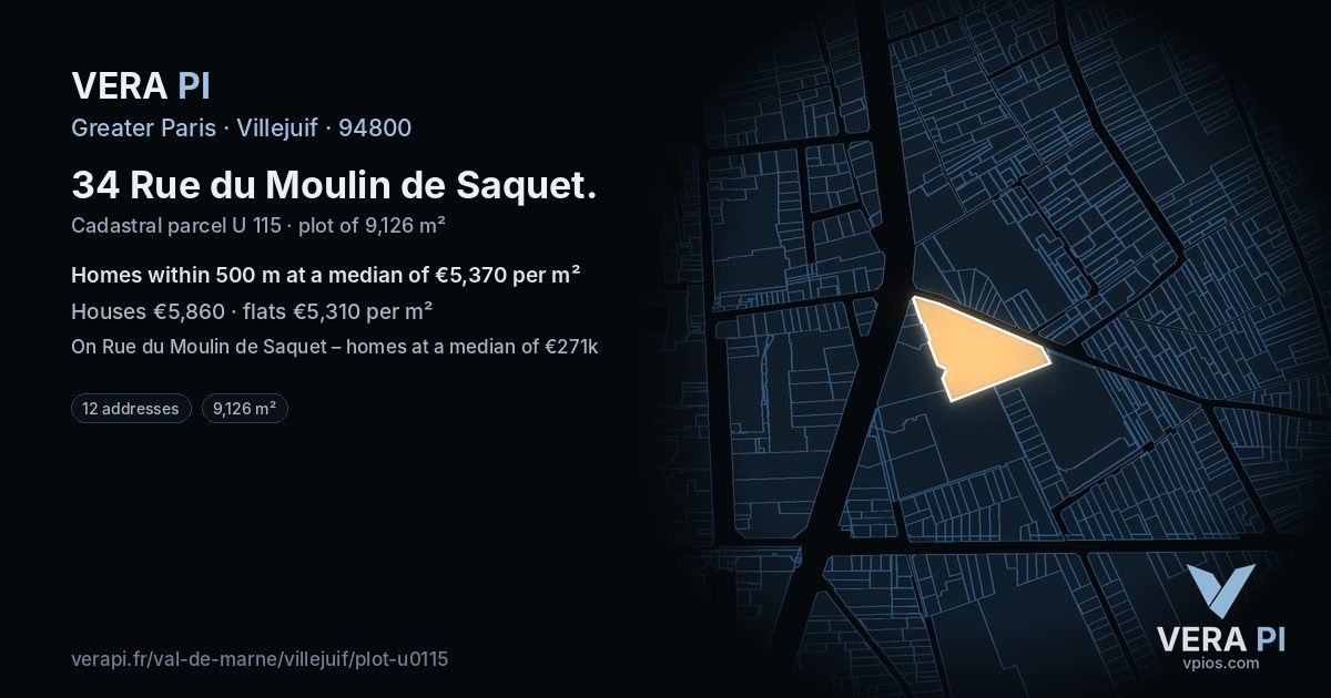 34 Rue du Moulin de Saquet, Villejuif at night – the plot lit, the parcels around coloured by the prices near them