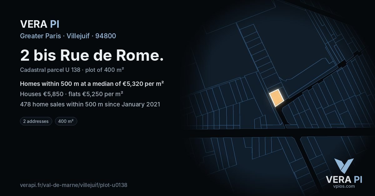 2 bis Rue de Rome, Villejuif at night – the plot lit, the parcels around coloured by the prices near them