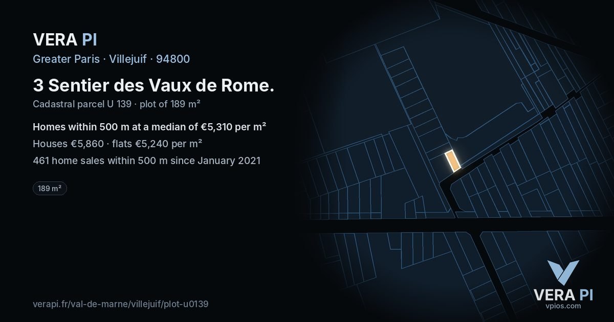 3 Sentier des Vaux de Rome, Villejuif at night – the plot lit, the parcels around coloured by the prices near them