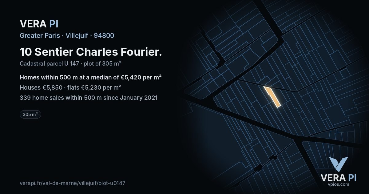 10 Sentier Charles Fourier, Villejuif at night – the plot lit, the parcels around coloured by the prices near them