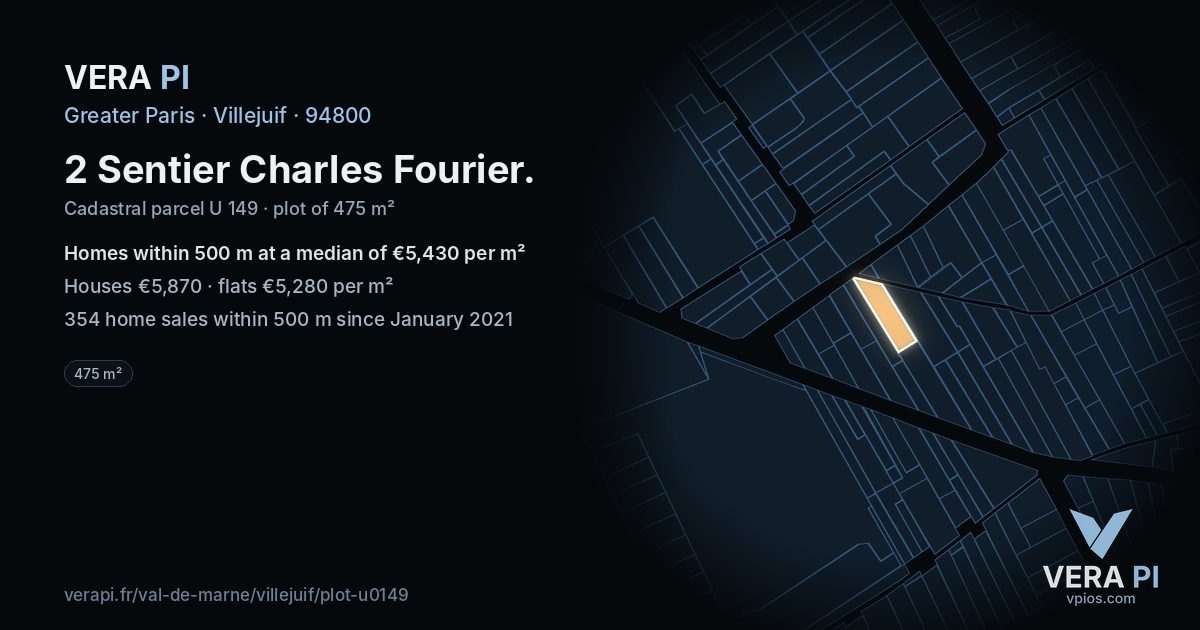 2 Sentier Charles Fourier, Villejuif at night – the plot lit, the parcels around coloured by the prices near them