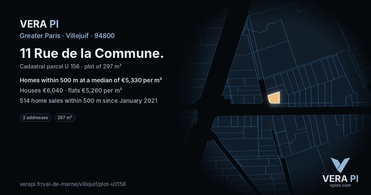 11 Rue de la Commune, Villejuif at night – the plot lit, the parcels around coloured by the prices near them