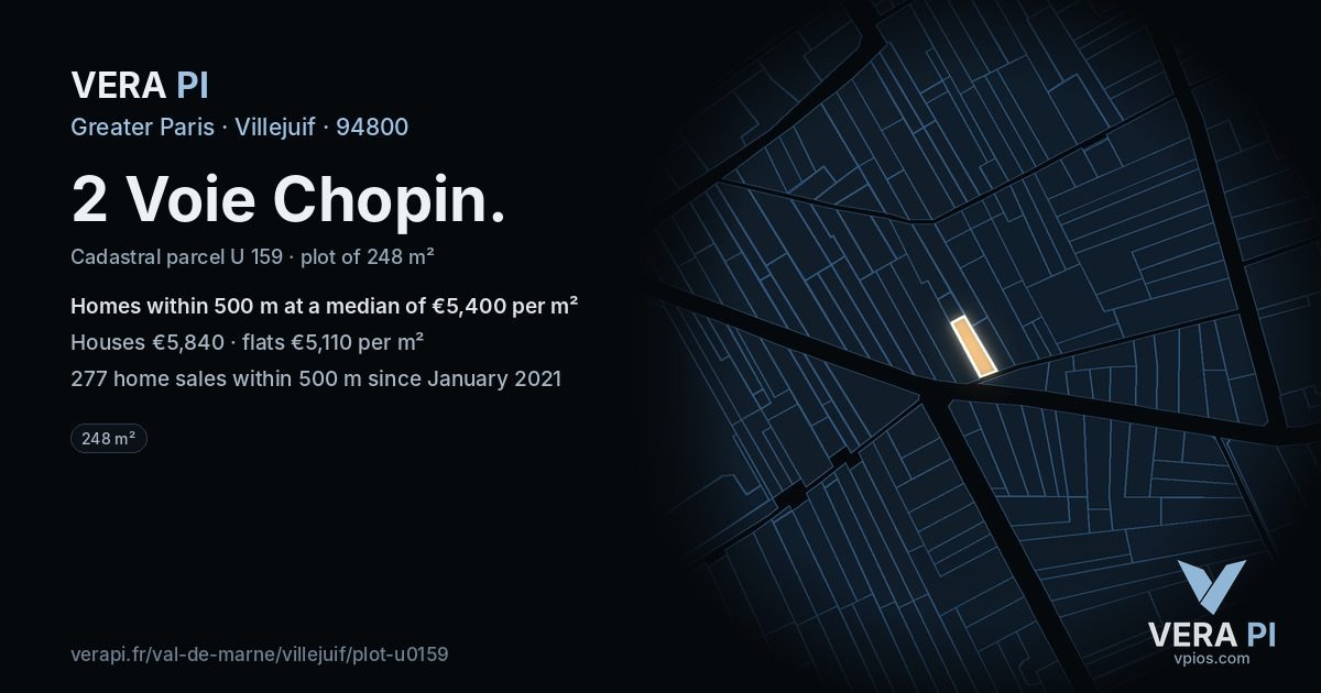 2 Voie Chopin, Villejuif at night – the plot lit, the parcels around coloured by the prices near them