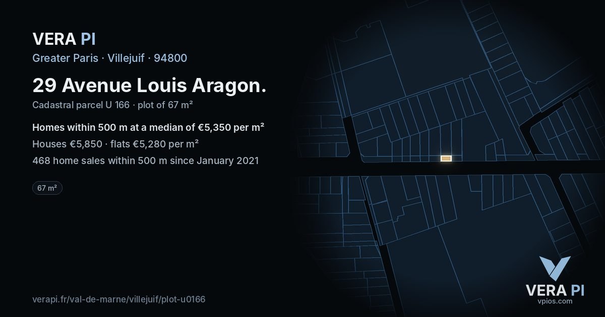 29 Avenue Louis Aragon, Villejuif at night – the plot lit, the parcels around coloured by the prices near them