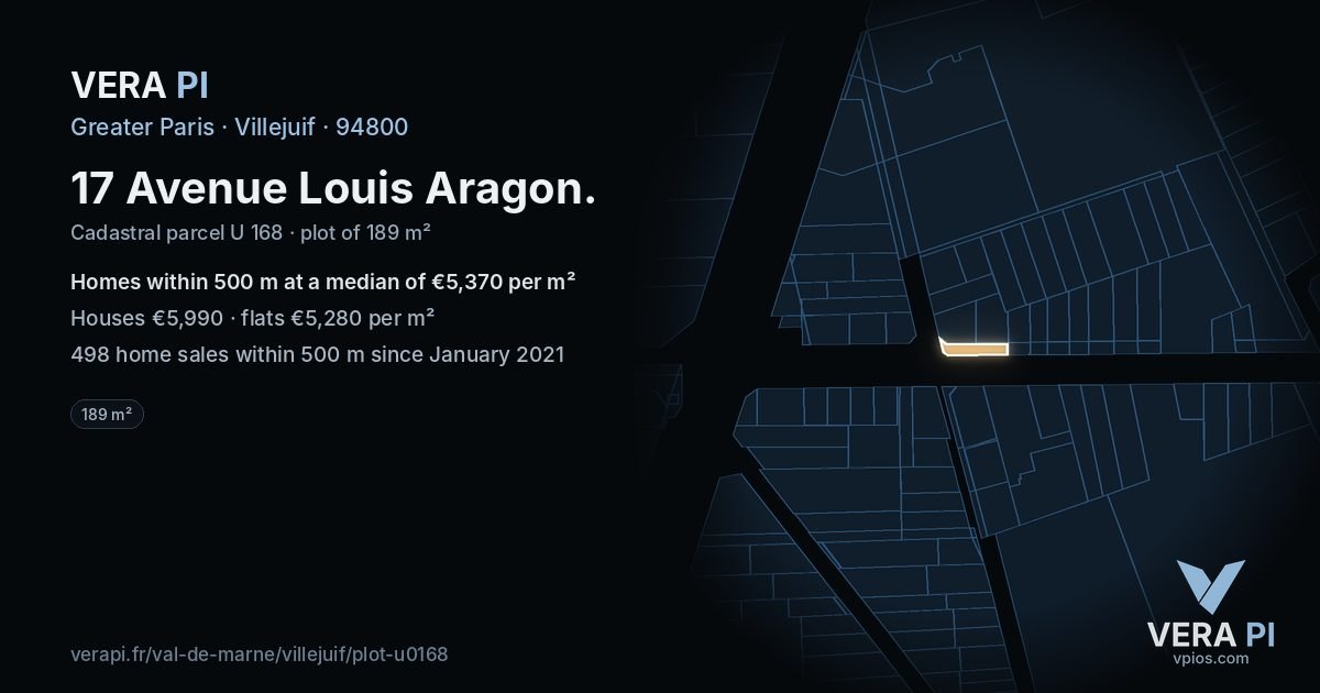 17 Avenue Louis Aragon, Villejuif at night – the plot lit, the parcels around coloured by the prices near them