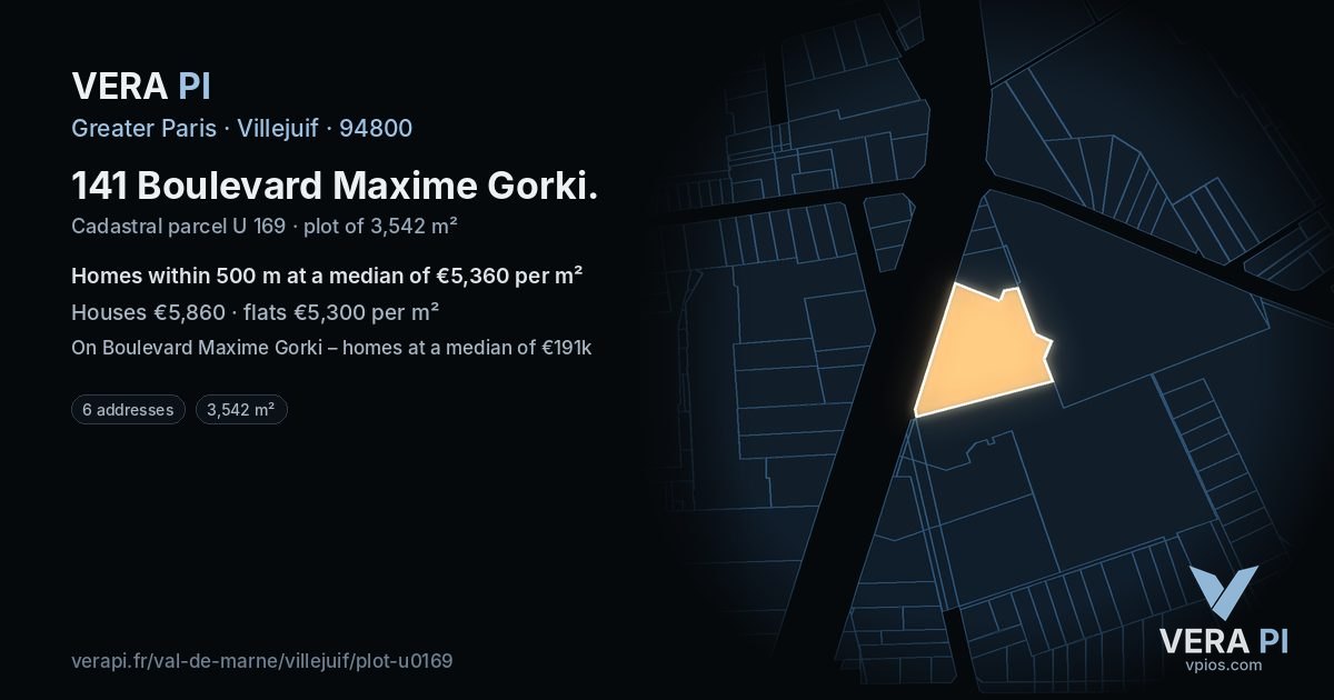 141 Boulevard Maxime Gorki, Villejuif at night – the plot lit, the parcels around coloured by the prices near them