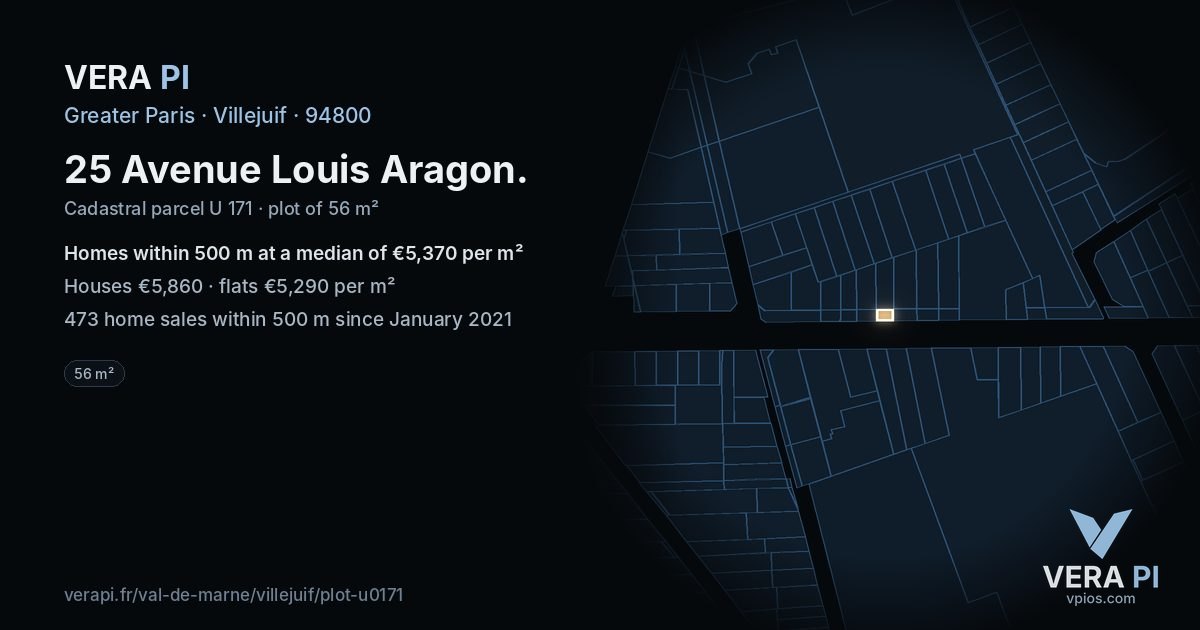 25 Avenue Louis Aragon, Villejuif at night – the plot lit, the parcels around coloured by the prices near them