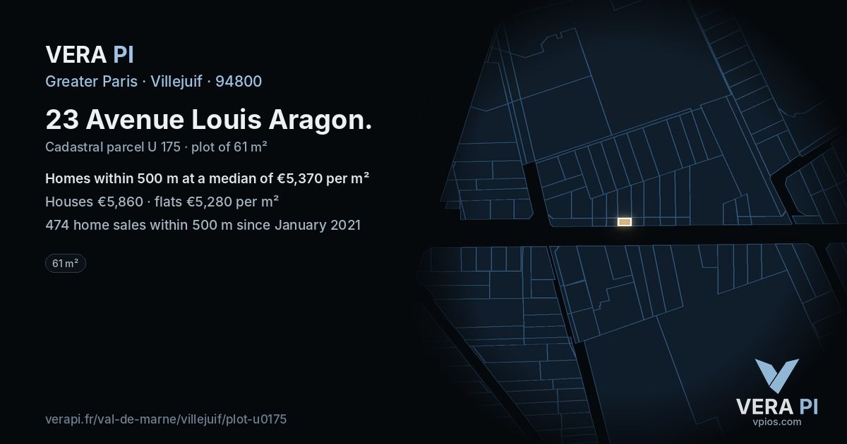 23 Avenue Louis Aragon, Villejuif at night – the plot lit, the parcels around coloured by the prices near them