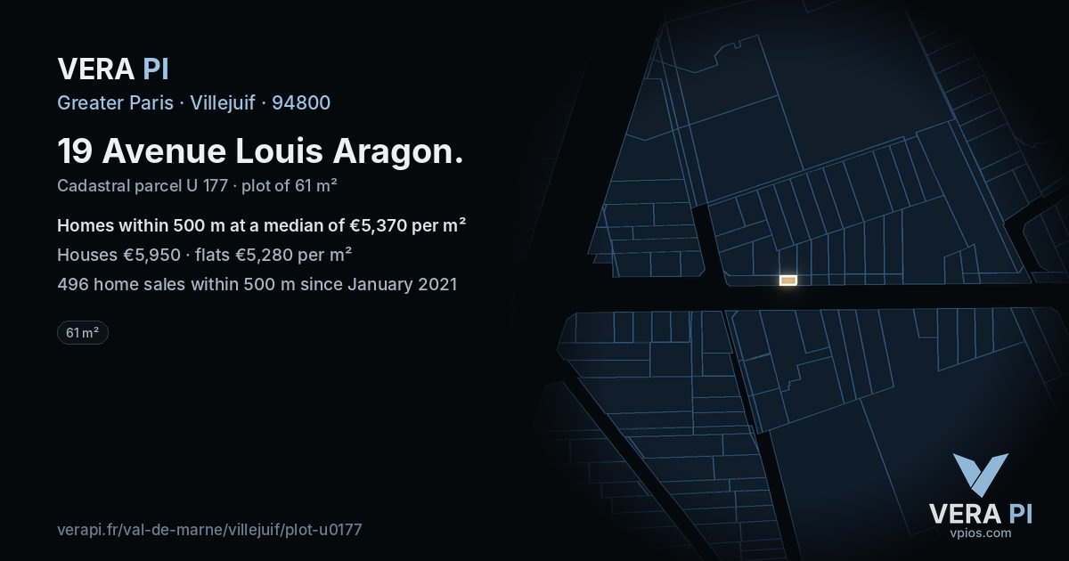 19 Avenue Louis Aragon, Villejuif at night – the plot lit, the parcels around coloured by the prices near them