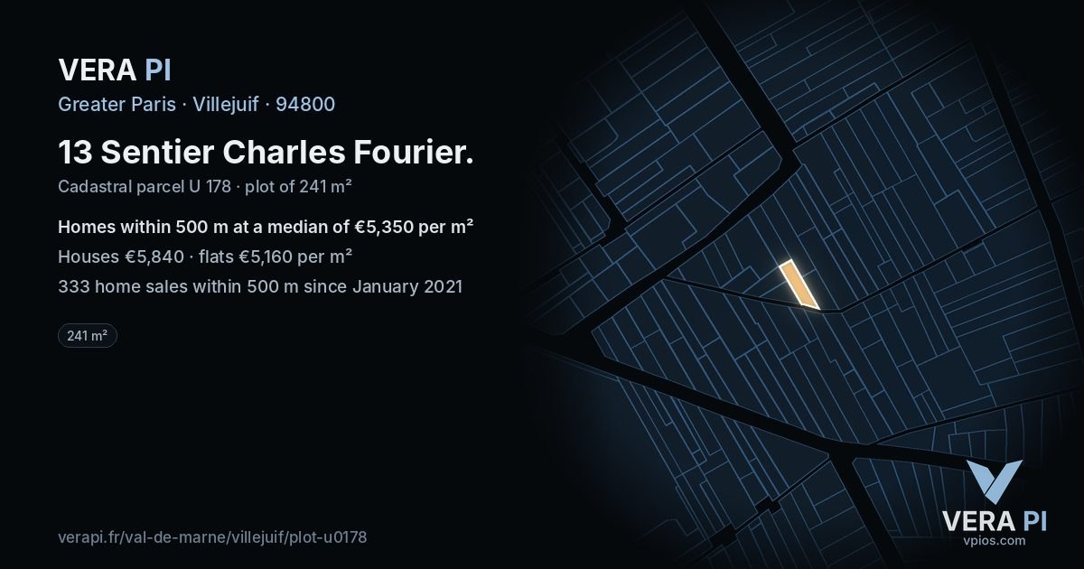 13 Sentier Charles Fourier, Villejuif at night – the plot lit, the parcels around coloured by the prices near them