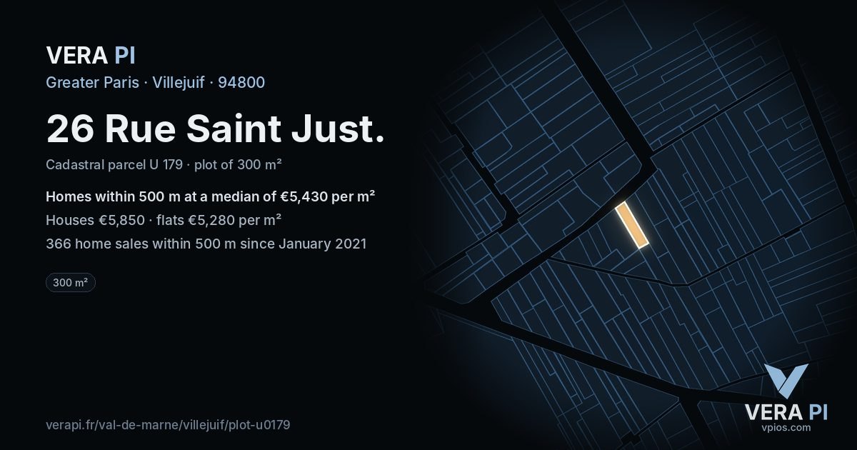 26 Rue Saint Just, Villejuif at night – the plot lit, the parcels around coloured by the prices near them
