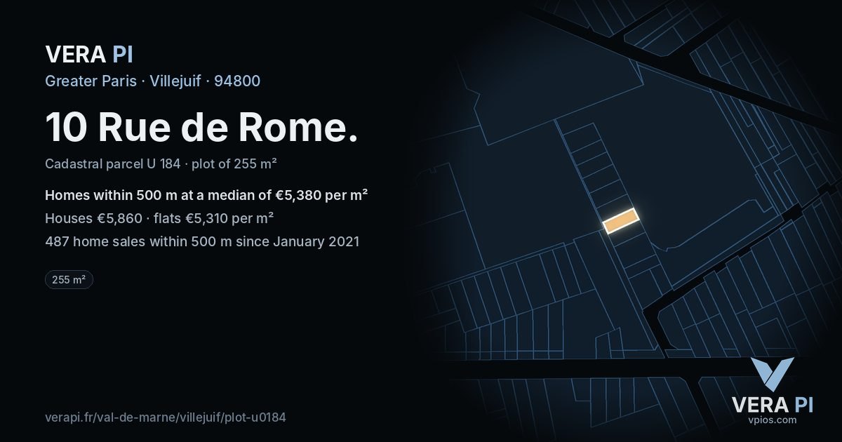 10 Rue de Rome, Villejuif at night – the plot lit, the parcels around coloured by the prices near them