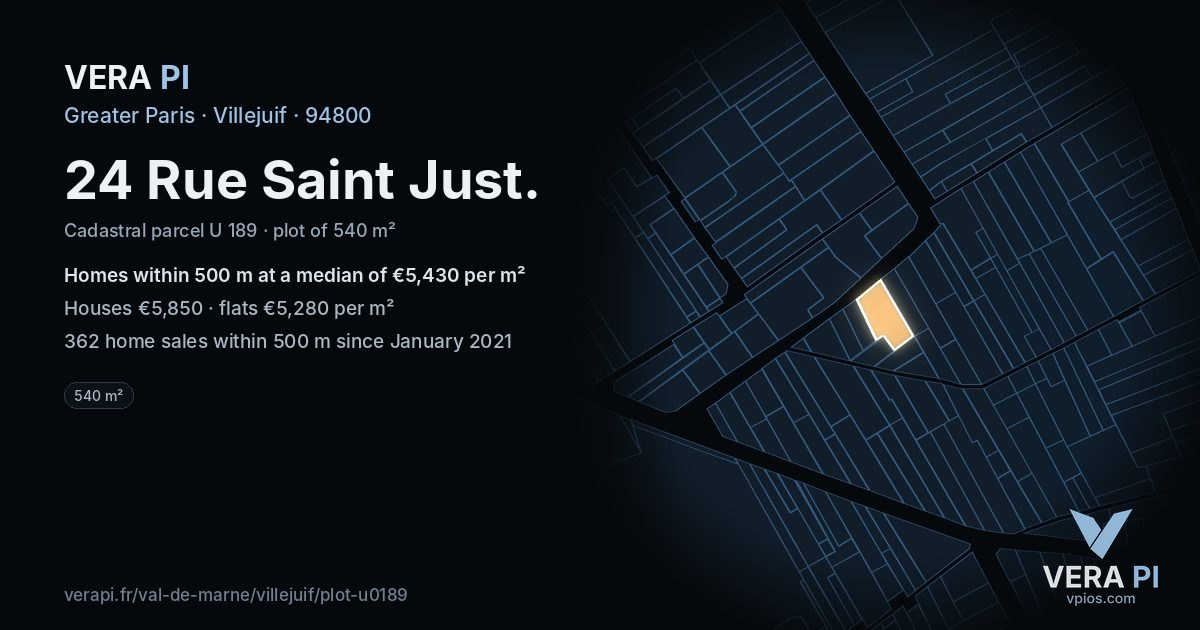 24 Rue Saint Just, Villejuif at night – the plot lit, the parcels around coloured by the prices near them