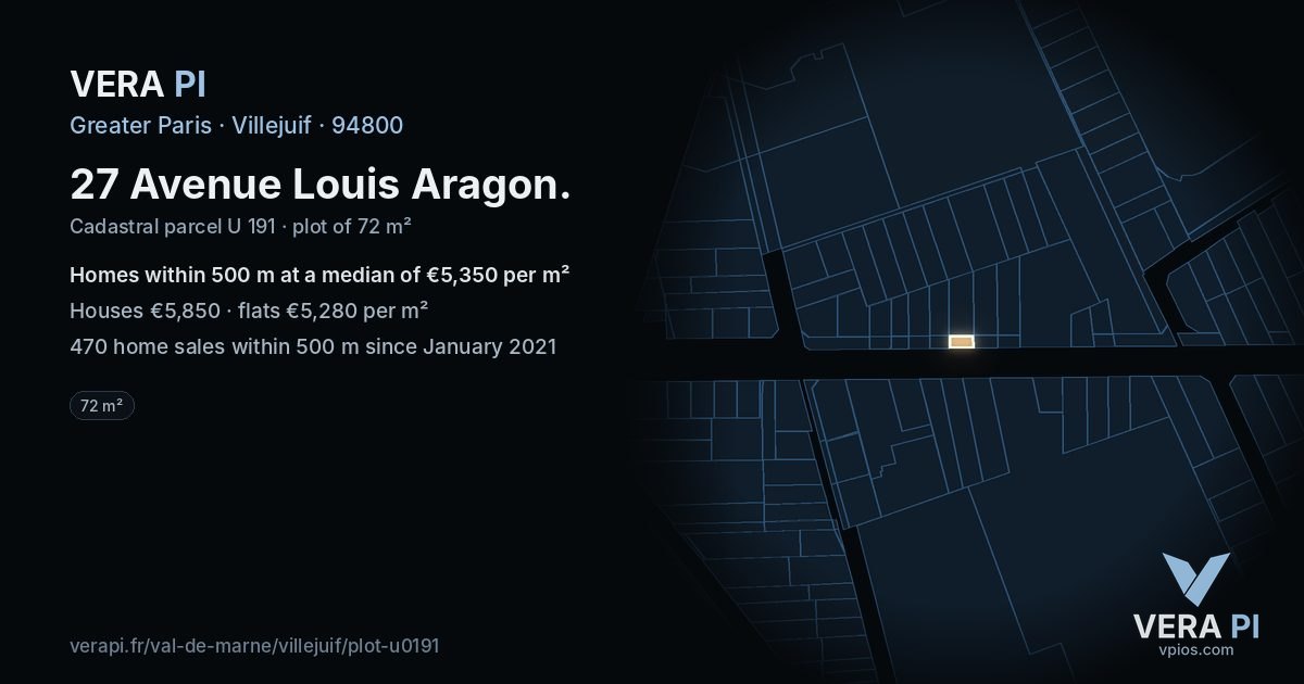 27 Avenue Louis Aragon, Villejuif at night – the plot lit, the parcels around coloured by the prices near them