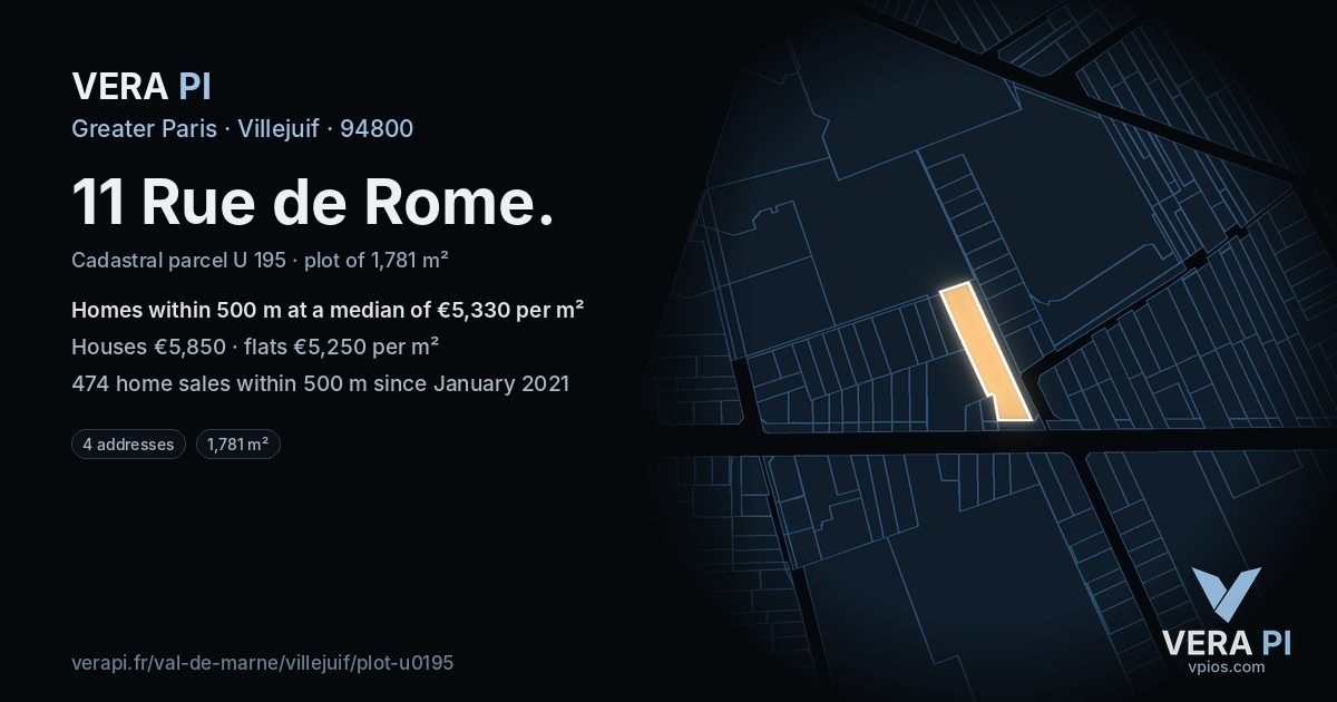 11 Rue de Rome, Villejuif at night – the plot lit, the parcels around coloured by the prices near them