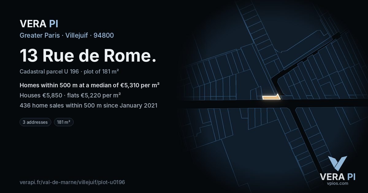 13 Rue de Rome, Villejuif at night – the plot lit, the parcels around coloured by the prices near them