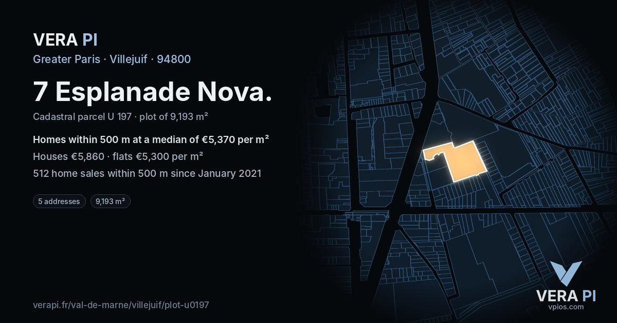 7 Esplanade Nova, Villejuif at night – the plot lit, the parcels around coloured by the prices near them