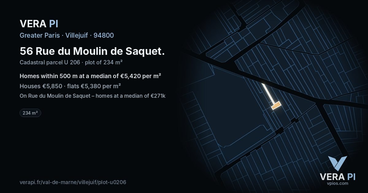 56 Rue du Moulin de Saquet, Villejuif at night – the plot lit, the parcels around coloured by the prices near them