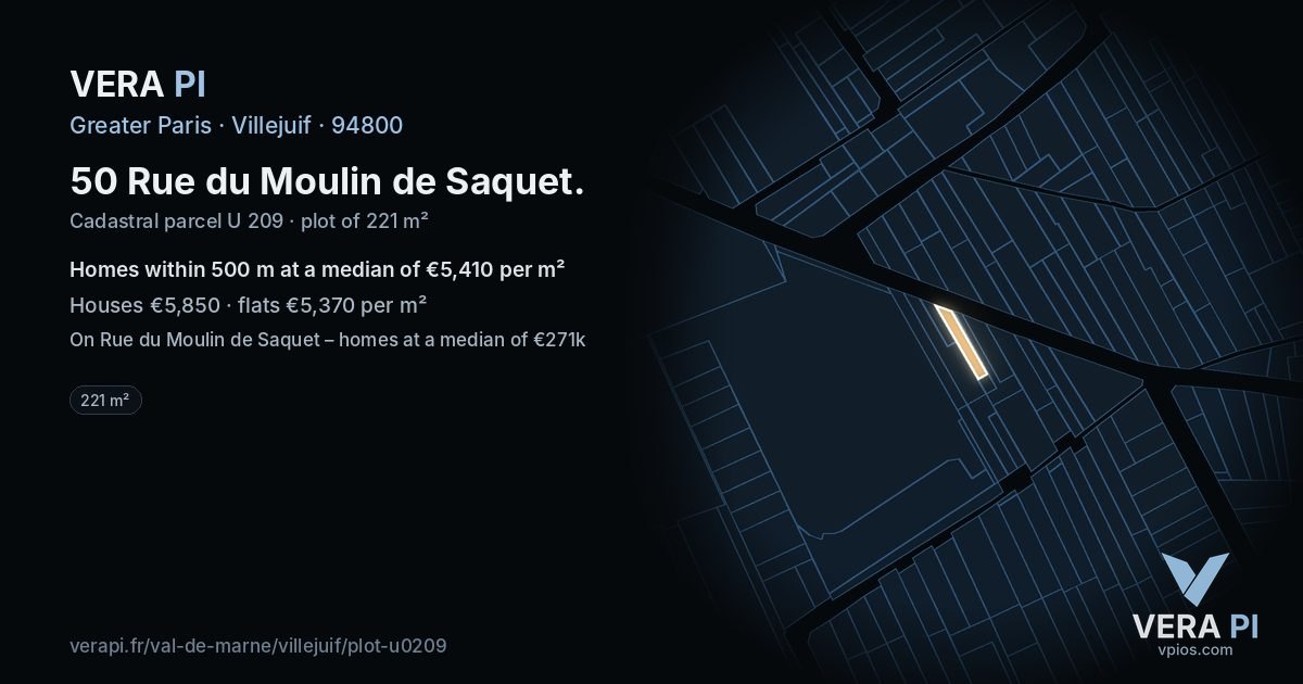 50 Rue du Moulin de Saquet, Villejuif at night – the plot lit, the parcels around coloured by the prices near them