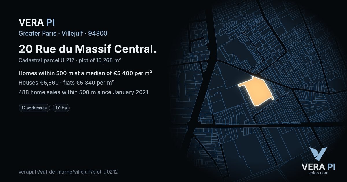 20 Rue du Massif Central, Villejuif at night – the plot lit, the parcels around coloured by the prices near them