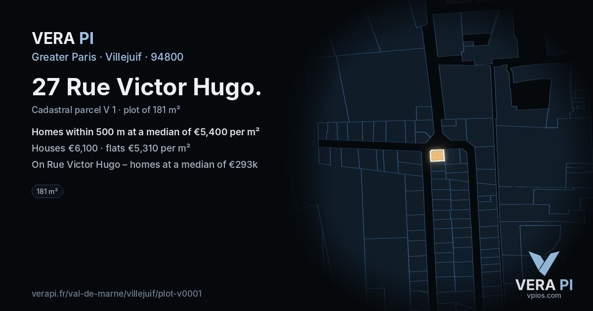 27 Rue Victor Hugo, Villejuif at night – the plot lit, the parcels around coloured by the prices near them