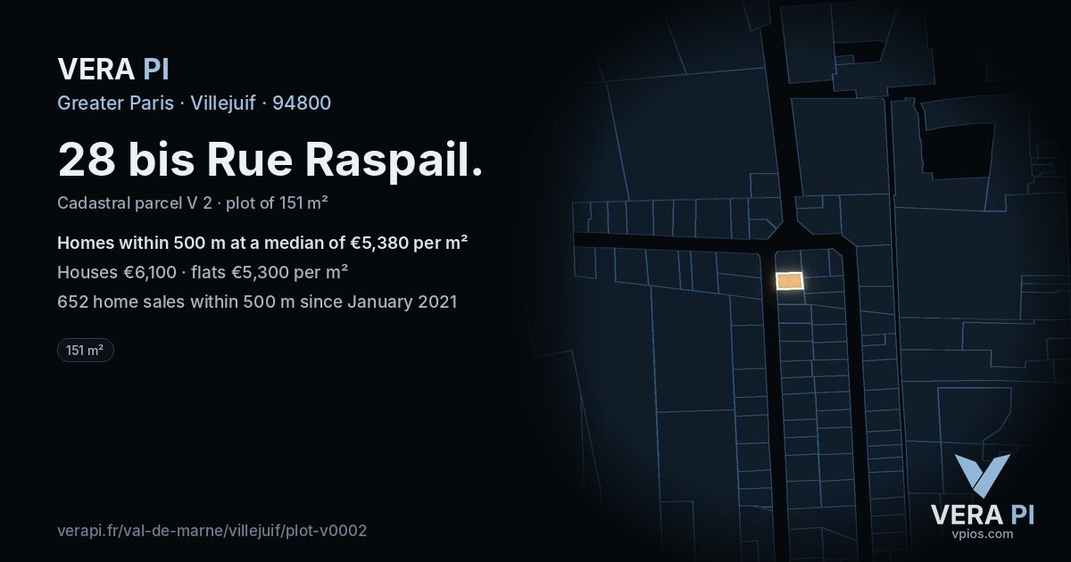 28 bis Rue Raspail, Villejuif at night – the plot lit, the parcels around coloured by the prices near them