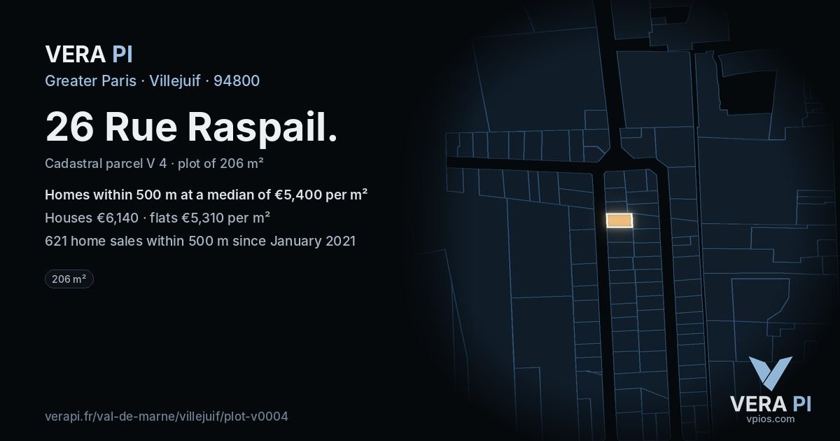 26 Rue Raspail, Villejuif at night – the plot lit, the parcels around coloured by the prices near them