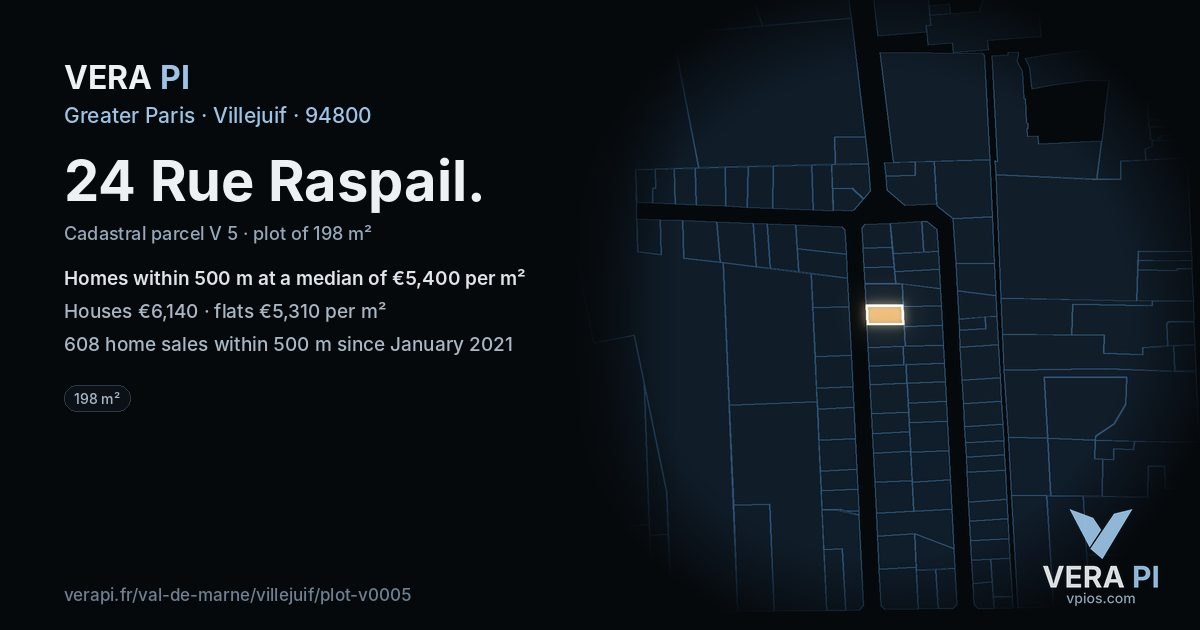 24 Rue Raspail, Villejuif at night – the plot lit, the parcels around coloured by the prices near them