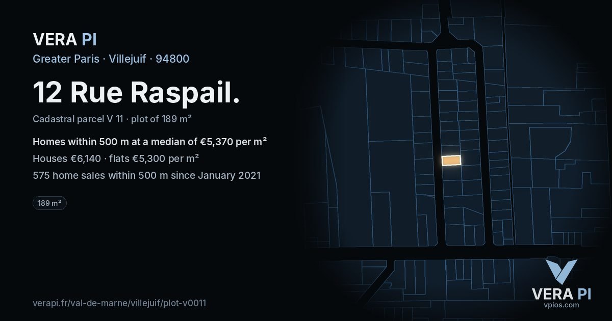 12 Rue Raspail, Villejuif at night – the plot lit, the parcels around coloured by the prices near them