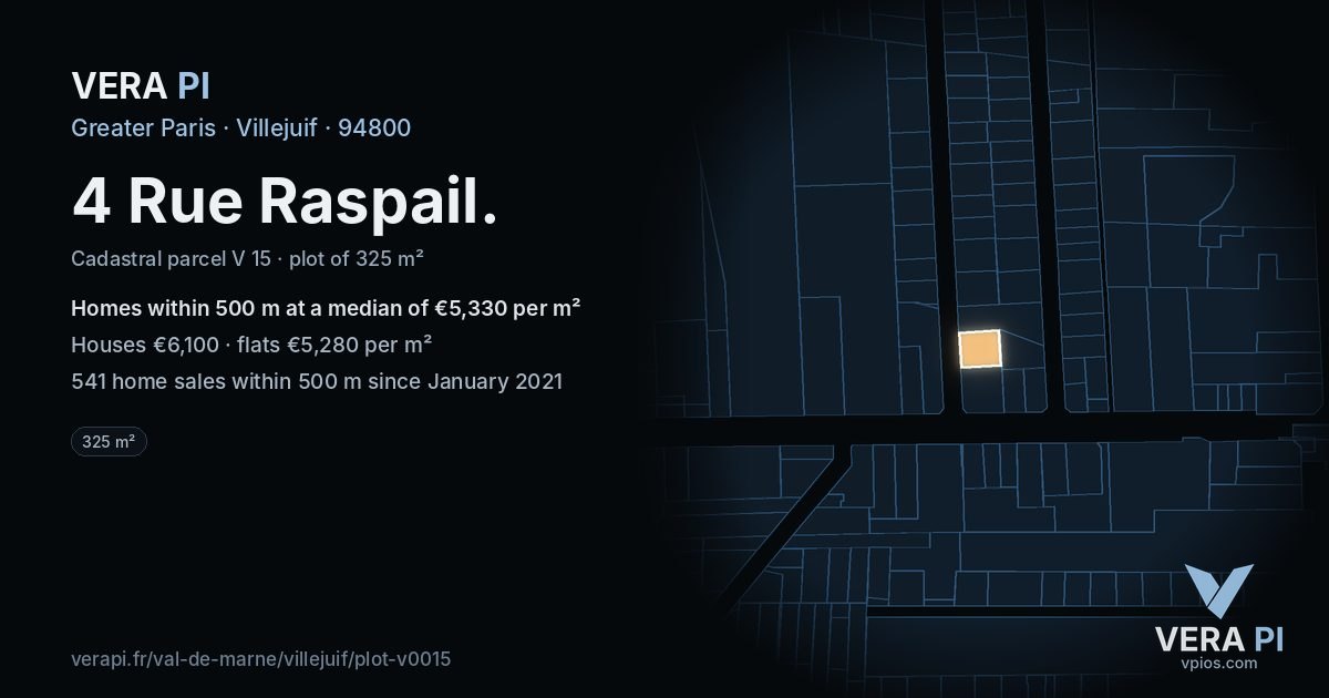 4 Rue Raspail, Villejuif at night – the plot lit, the parcels around coloured by the prices near them