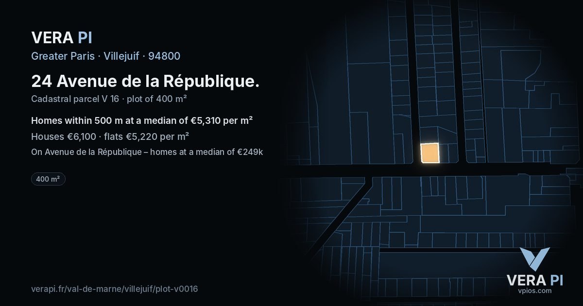 24 Avenue de la République, Villejuif at night – the plot lit, the parcels around coloured by the prices near them