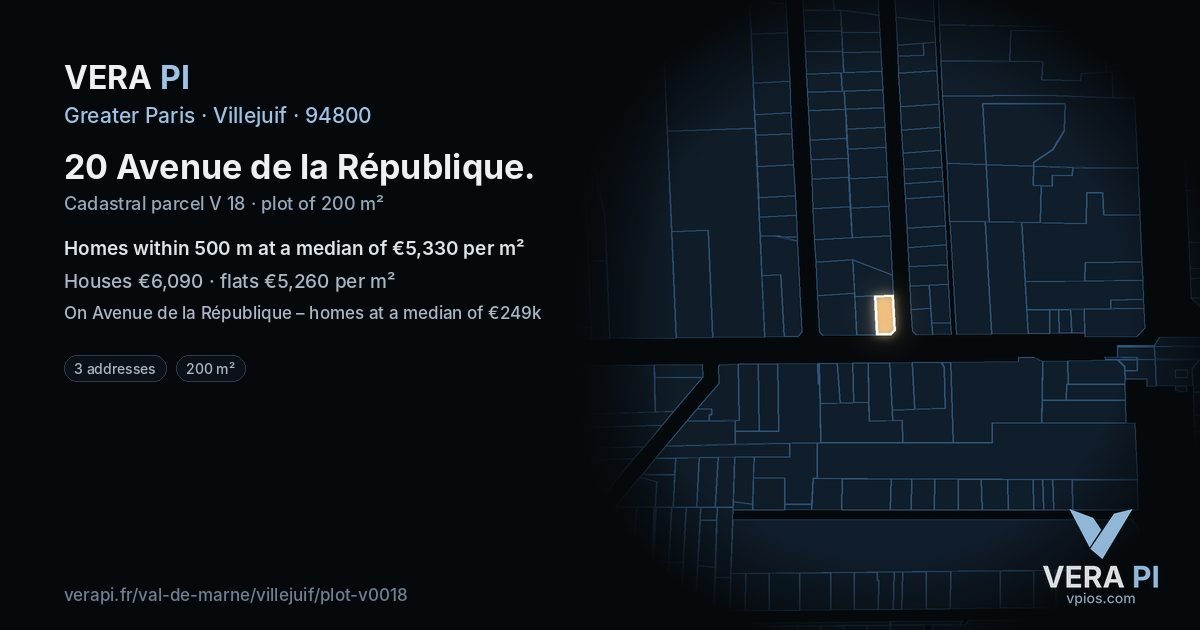 20 Avenue de la République, Villejuif at night – the plot lit, the parcels around coloured by the prices near them