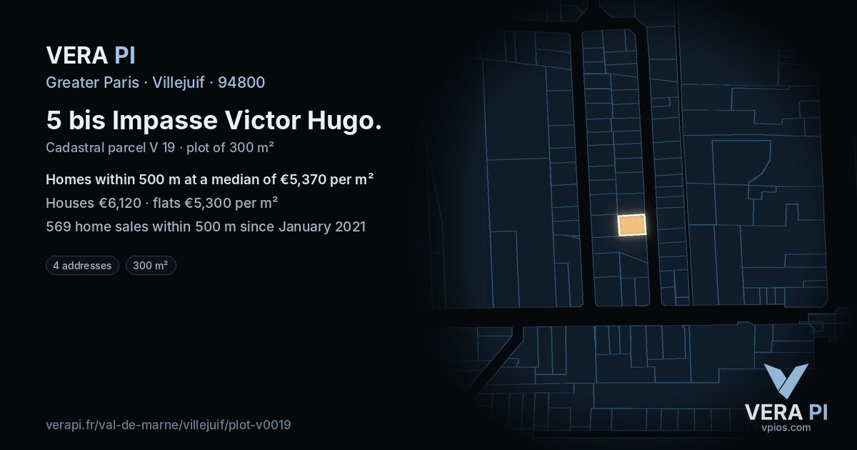 5 bis Impasse Victor Hugo, Villejuif at night – the plot lit, the parcels around coloured by the prices near them