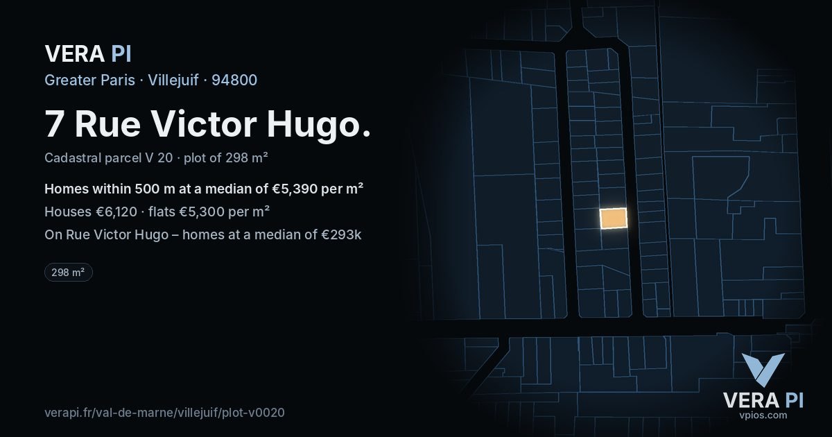 7 Rue Victor Hugo, Villejuif at night – the plot lit, the parcels around coloured by the prices near them