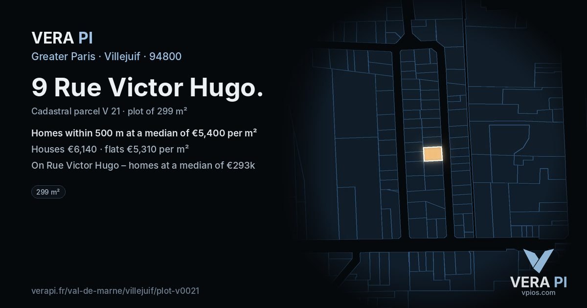 9 Rue Victor Hugo, Villejuif at night – the plot lit, the parcels around coloured by the prices near them