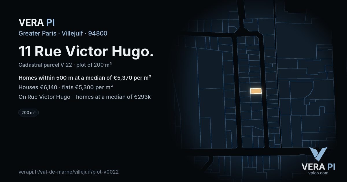 11 Rue Victor Hugo, Villejuif at night – the plot lit, the parcels around coloured by the prices near them
