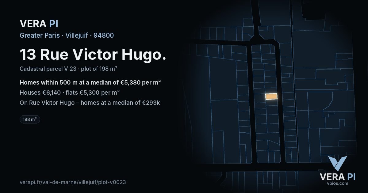 13 Rue Victor Hugo, Villejuif at night – the plot lit, the parcels around coloured by the prices near them
