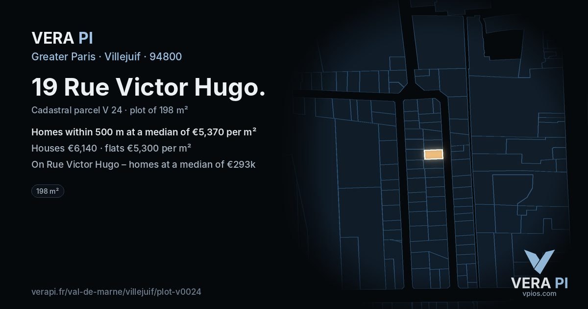 19 Rue Victor Hugo, Villejuif at night – the plot lit, the parcels around coloured by the prices near them