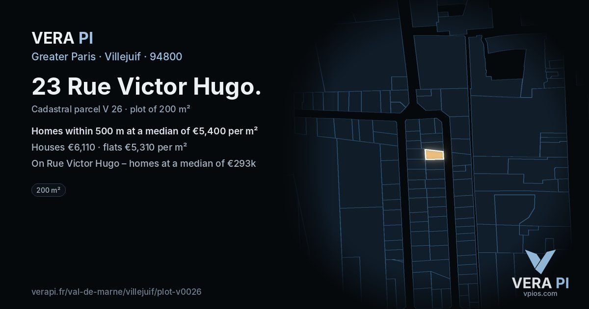 23 Rue Victor Hugo, Villejuif at night – the plot lit, the parcels around coloured by the prices near them