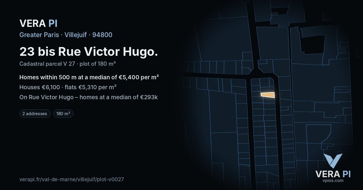 23 bis Rue Victor Hugo, Villejuif at night – the plot lit, the parcels around coloured by the prices near them