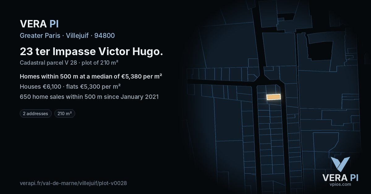 23 ter Impasse Victor Hugo, Villejuif at night – the plot lit, the parcels around coloured by the prices near them