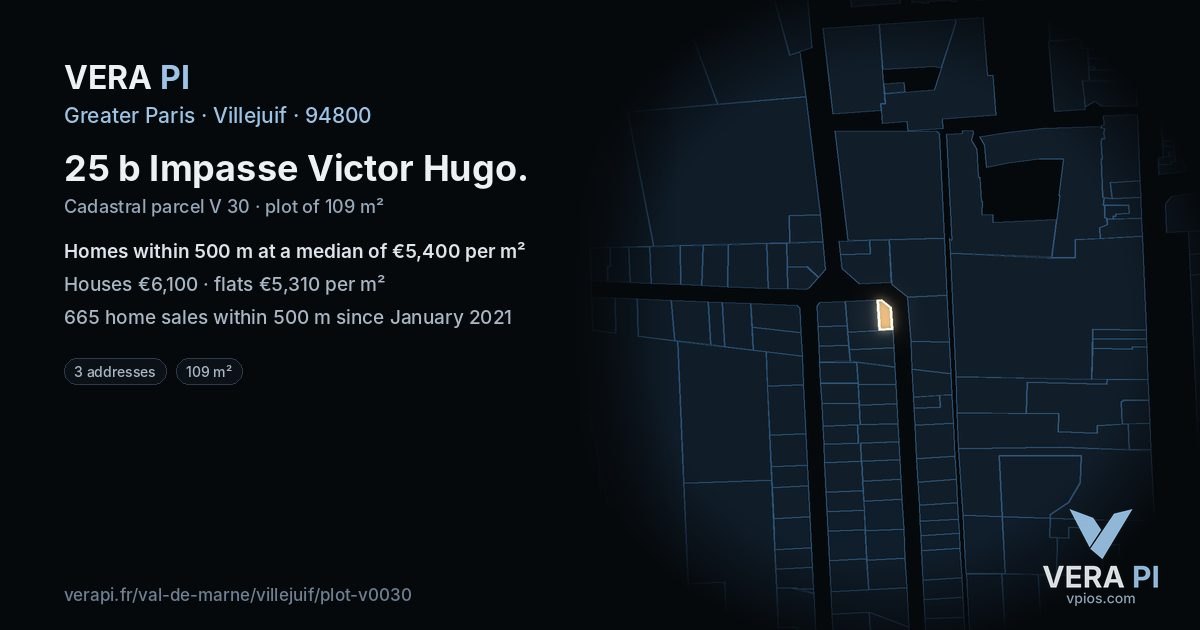 25 b Impasse Victor Hugo, Villejuif at night – the plot lit, the parcels around coloured by the prices near them