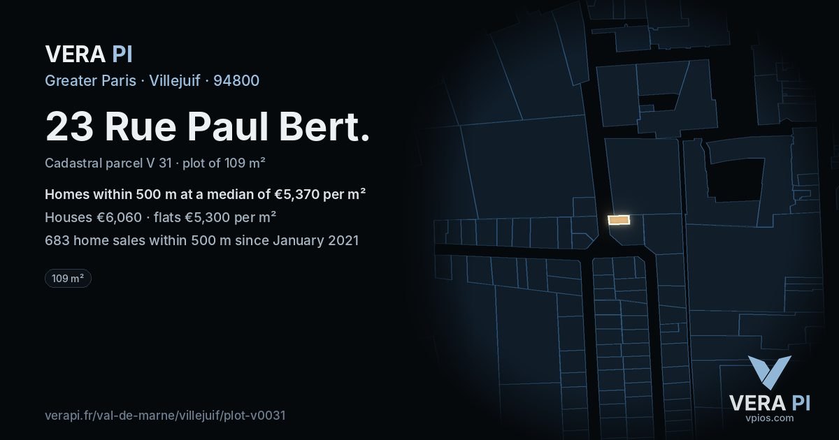 23 Rue Paul Bert, Villejuif at night – the plot lit, the parcels around coloured by the prices near them