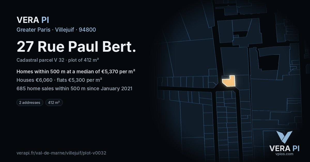 27 Rue Paul Bert, Villejuif at night – the plot lit, the parcels around coloured by the prices near them