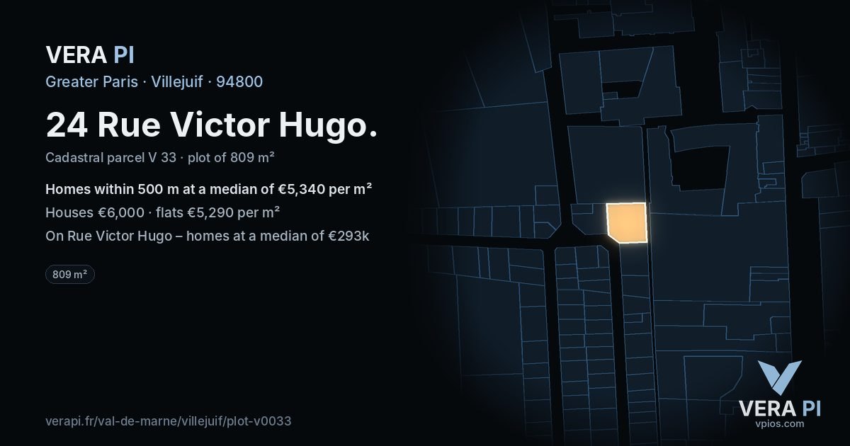 24 Rue Victor Hugo, Villejuif at night – the plot lit, the parcels around coloured by the prices near them