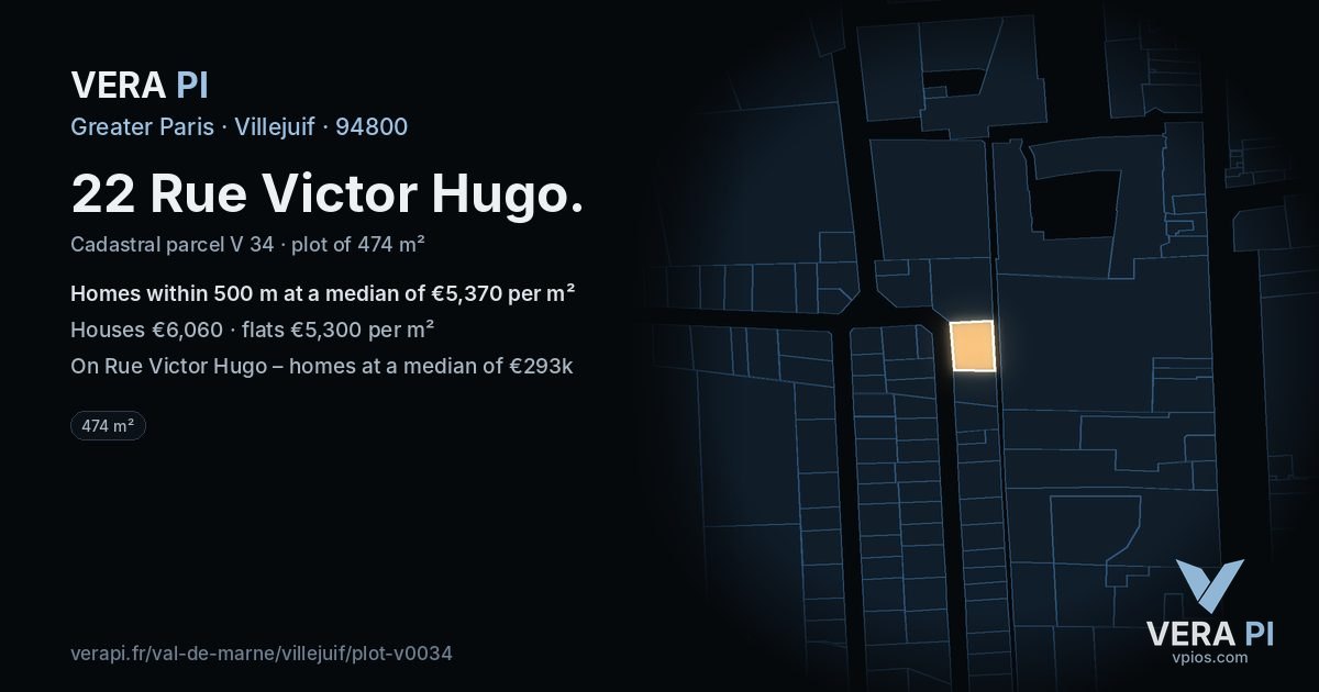 22 Rue Victor Hugo, Villejuif at night – the plot lit, the parcels around coloured by the prices near them