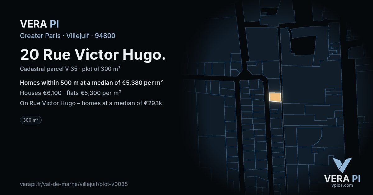 20 Rue Victor Hugo, Villejuif at night – the plot lit, the parcels around coloured by the prices near them